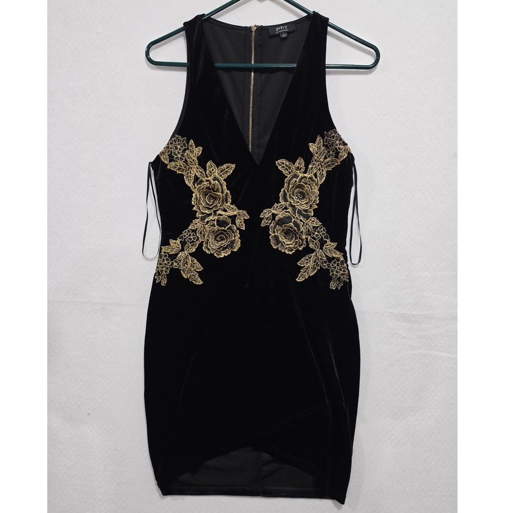 Privy Black Velvet Gold Floral Embroidered V-Neck Bodycon Mini Dress Large